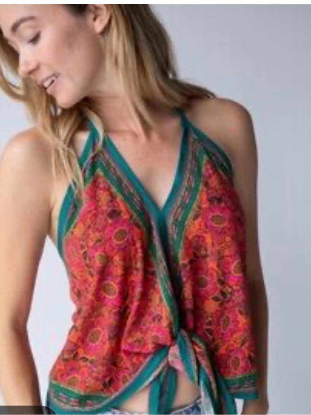 NATURAL LIFE Pink and Teal Floral Tie-Front Halter Top